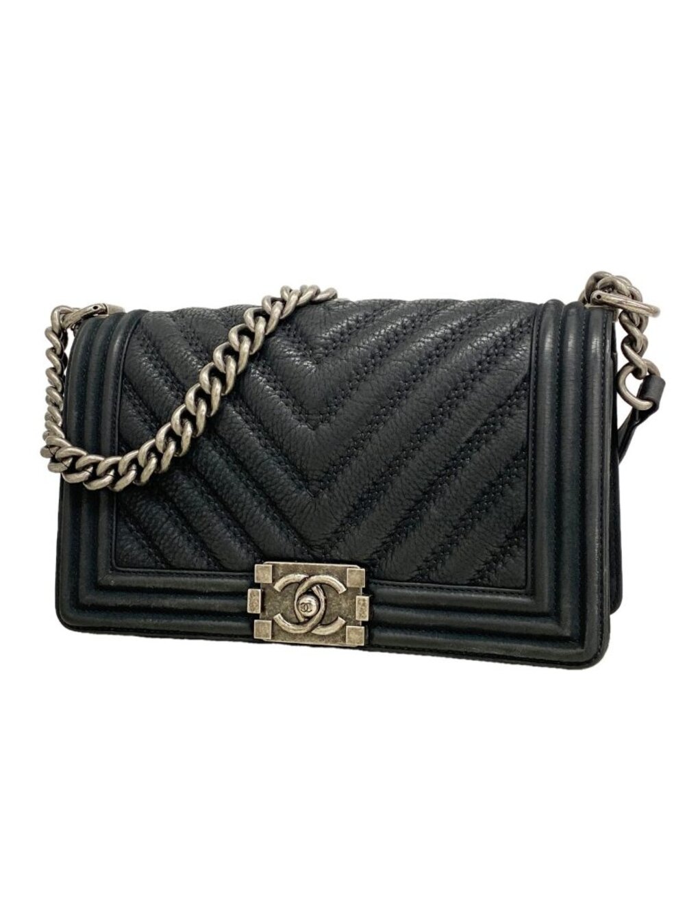 Chanel Shoulder Bag Boy Leather Black Silver